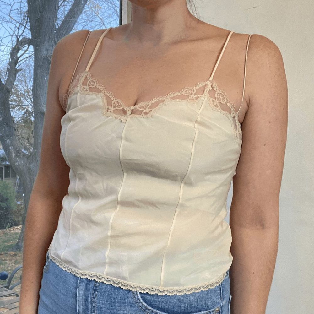 Vintage 80s Lady Lynne Slip Top Spaghetti Strap Lace Lingerie Silky Tank Cami
